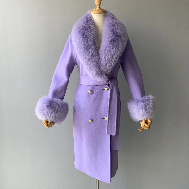 Casual Choice Women's Lavender Winter Cashmere Wool Natural Fox Fur Collar Long Jacket