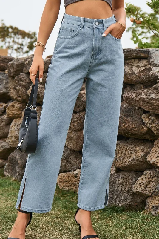Design And Tailoring High Waist Loose Fit Ankle Slit Jeans