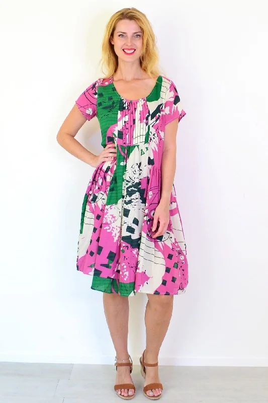 Basic Comfort Abstract Pink Green Peasant Tunic Dress