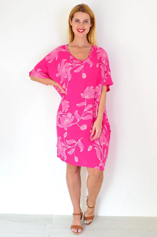 Effortless Dressing Pink Embroidery Print Linen Dress