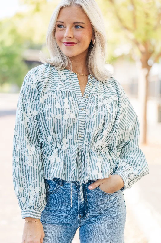 Floral Prints Not Just Talk Hunter Green Striped Blouse
