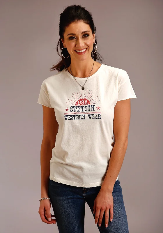 Simple Elegance Stetson Womens White 100% Cotton USA Western Wear S/S T-Shirt