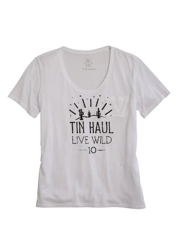 Daily Comfort Tin Haul Womens White Polyester Live Wild 10 S/S Cactus T-Shirt