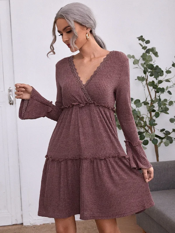 Practical Style Plain Frill Long Sleeve V Neck Flounce High Waist Knee Length Dress Practical Style Plain Frill Long Sleeve V Neck Flounce High Waist Knee Length Dress