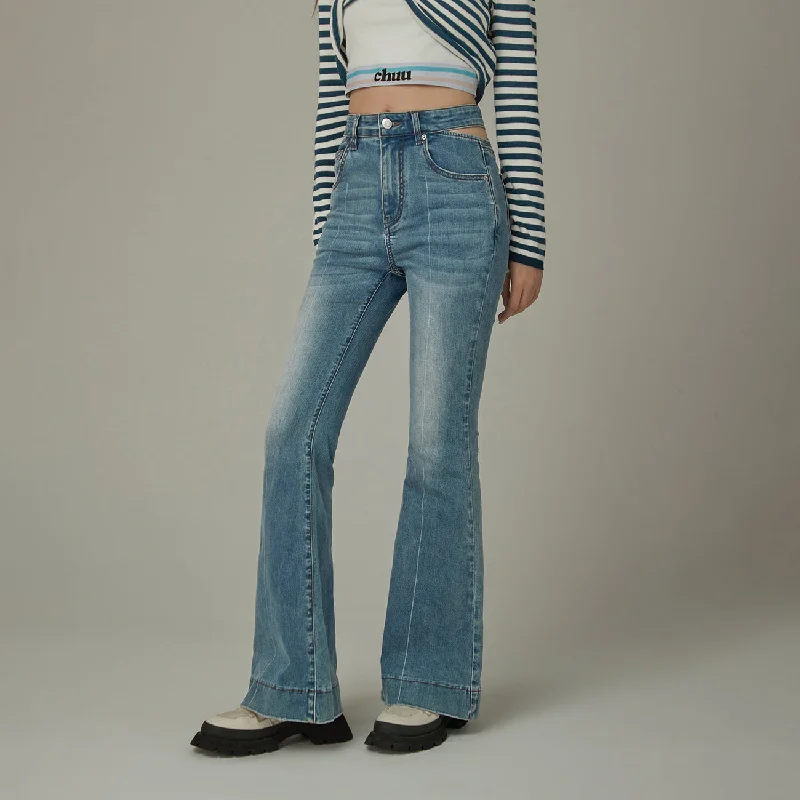 Feminine Charm Ripped Pocket Cutout Waist Bootcut Jeans