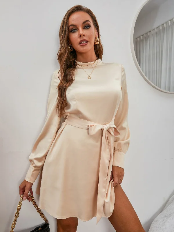 Integrated Design Plain Belted Long Sleeve Stand Collar Flared Natural Short Dress