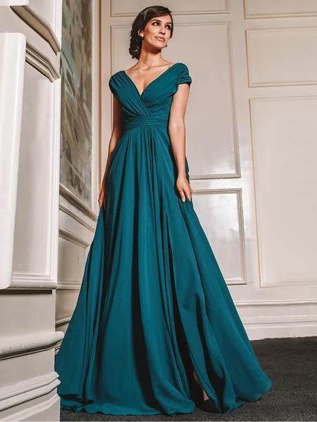 Cozy Shirts Marsoni by Colors - Gathered V Neck Off Shoulder A-Line Gown M251