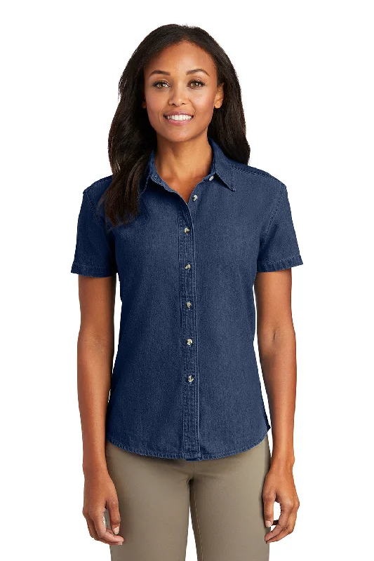 Personal Charm Port & Company Womens Denim Short Sleeve Button Down Shirt - Ink Blue Personal Charm Port & Company Womens Denim Short Sleeve Button Down Shirt - Ink Blue