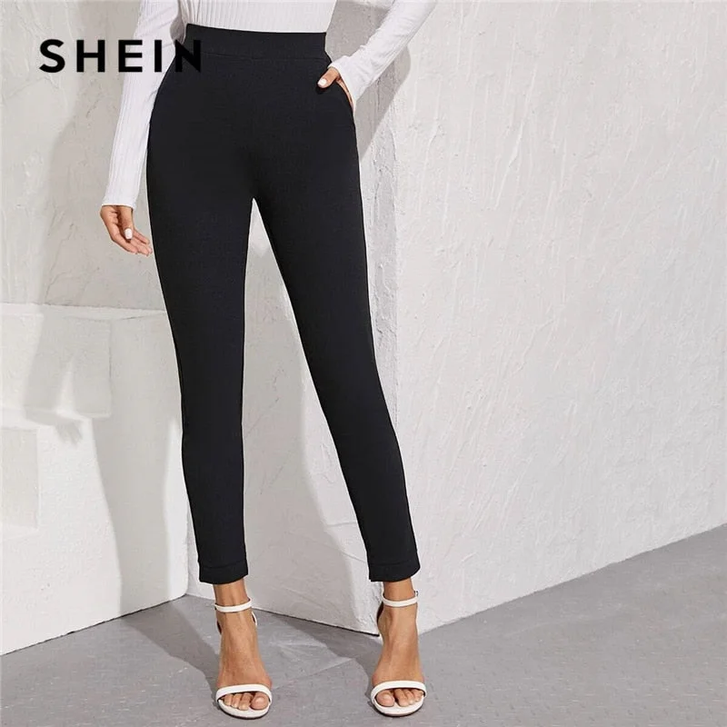 Girl Style SHEIN Solid Elastic Waist Pocket Side Split Hem Elegant Pants Women Bottoms Autumn High Waist Office Ladies Skinny Trousers Girl Style SHEIN Solid Elastic Waist Pocket Side Split Hem Elegant Pants Women Bottoms Autumn High Waist Office Ladies Skinny Trousers
