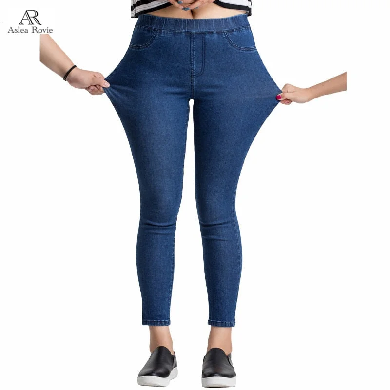 Simple Style Women Jeans Plus Size Casual high  waist summer Autumn Pant Slim Stretch Cotton Denim Trousers for woman Blue black 4xl 5xl 6xl