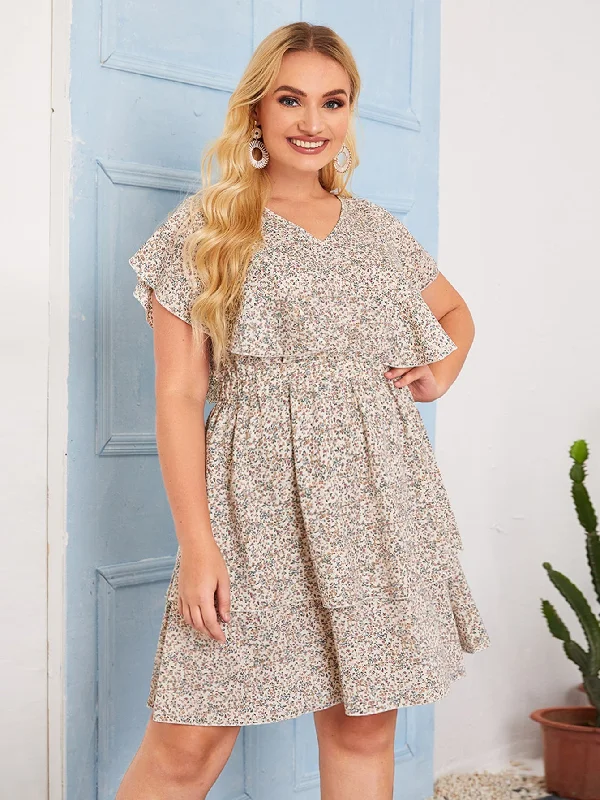 Chic Comfort Boho Ditsy Floral Ruffle Short Sleeve V Neck Layered/Tiered High Waist Short Plus Size Dress Chic Comfort Boho Ditsy Floral Ruffle Short Sleeve V Neck Layered/Tiered High Waist Short Plus Size Dress