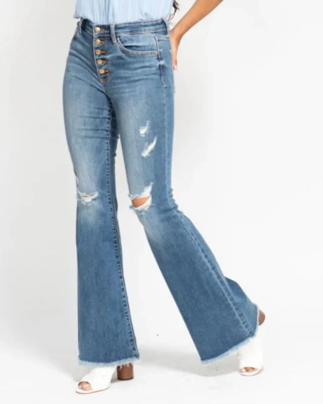 Comfortable Design Lenae Mid Rise Button Fly Flare Jean