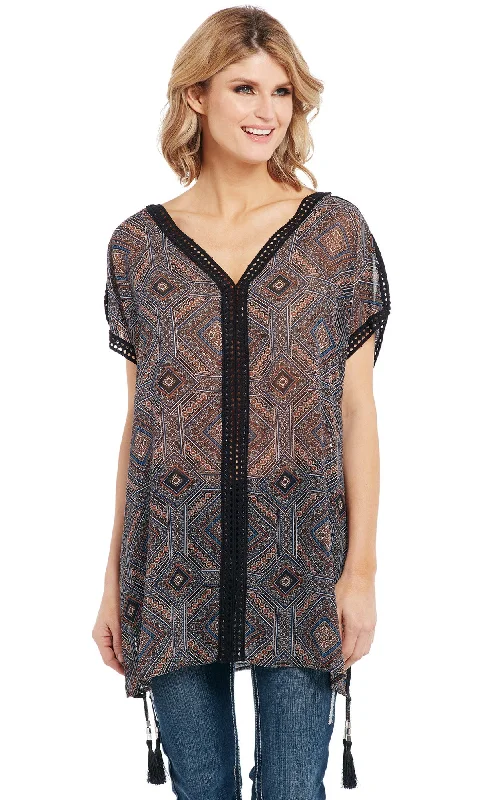 Stylish Wear Cowgirl Up Womens Brown Multi Polyester Kaftan Beaded Tunic S/S