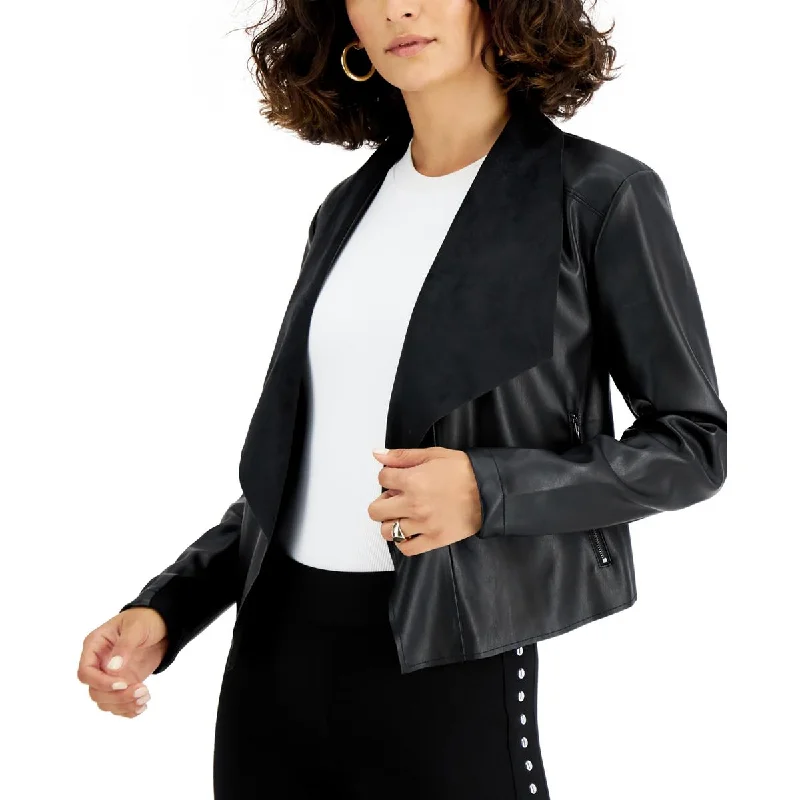 New Design Bar III Womens Petites Drapey Faux Leather Motorcycle Jacket