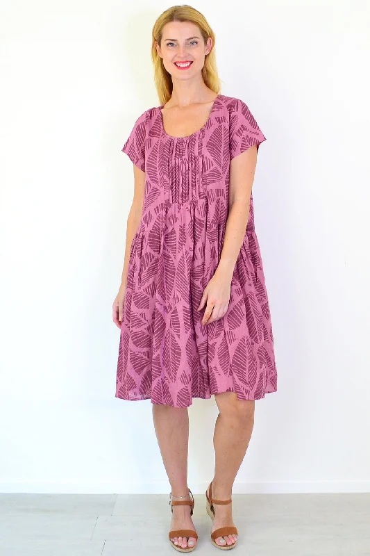 Comfortable Fashion Dusty Pink Leaf Print Peasant Tunic Dress