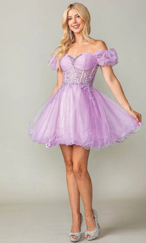 Relaxed Style Dancing Queen 3379 - Puff Sleeve Tulle Cocktail Dress