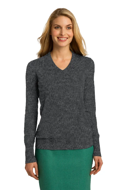 Personalized Design Port Authority Womens Long Sleeve V-Neck Sweater - Heather Charcoal Grey - Closeout