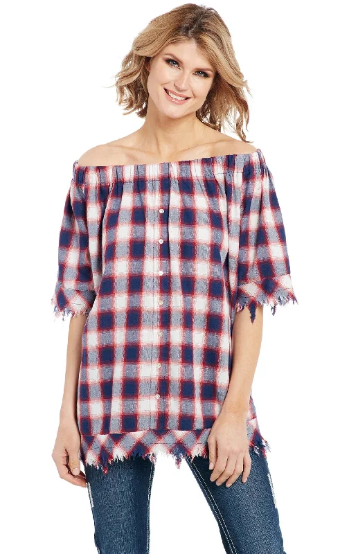 Lounge Chic Cowgirl Up Womens Red/Blue 100% Cotton Raw Edge Fringe Plaid Tunic S/S