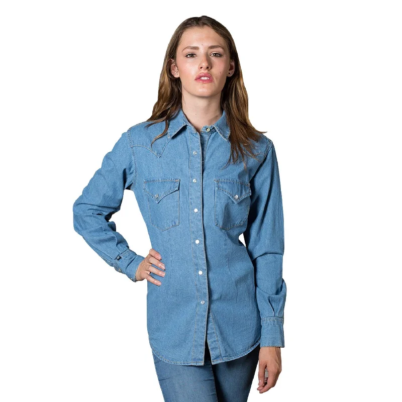 Exquisite Embroidery Rockmount Womens Blue 100% Cotton Denim Western L/S Shirt