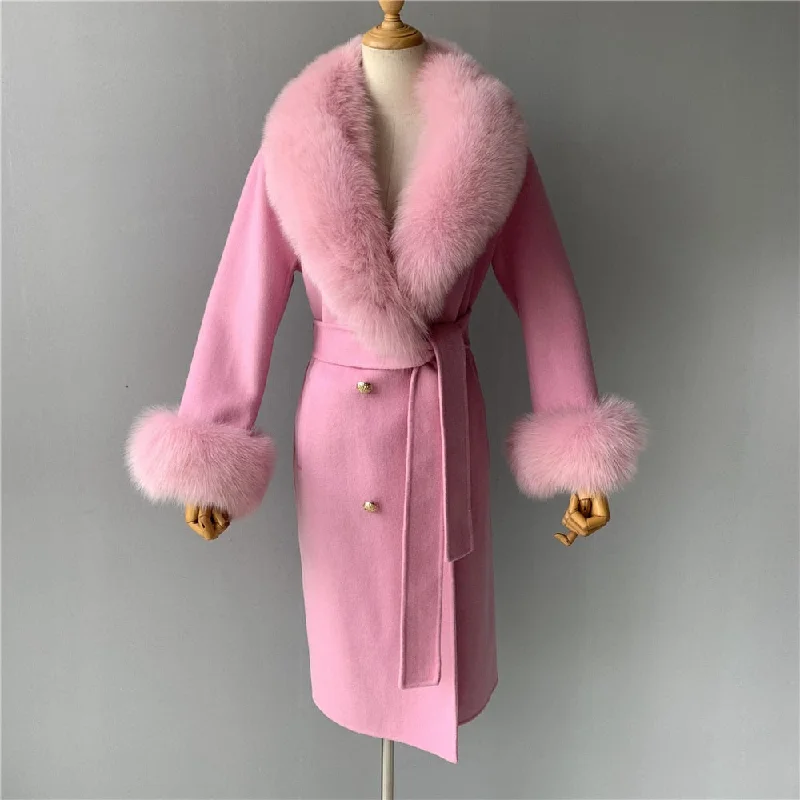 Daily Comfort Women's Pink Cashmere Wool Natural Fox Fur Collar Long Winter Jacket