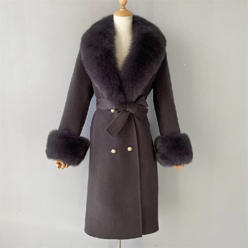 Comfort Fit Women's Charcoal Gray Cashmere Real Fox Fur Collar Long Winter Jacket