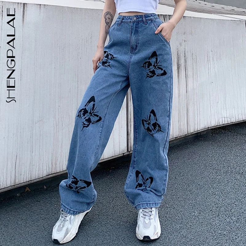 Noble And Elegant SHENGPALAE 2020 New Summer Vintage Jeans Woman Long Trousers Cowboy Female Loose Streetwear Butterfly Print Pants ZA4110 Noble And Elegant SHENGPALAE 2020 New Summer Vintage Jeans Woman Long Trousers Cowboy Female Loose Streetwear Butterfly Print Pants ZA4110