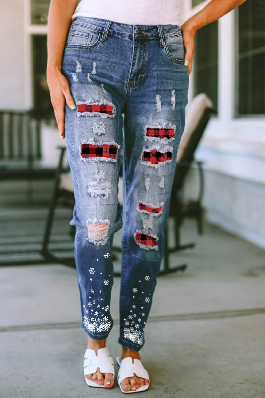 Street Charm Plaid Snow Graphic Distressed Jeans