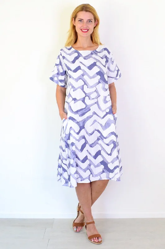 Comfortable Outfits Blue Watercolour Cotton Linen Tunic Dress