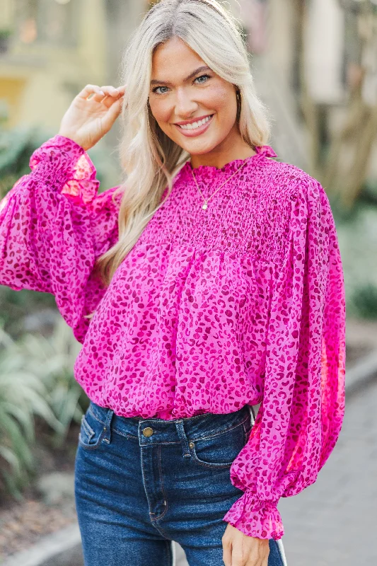 Boutique Recommendation Check You Out Magenta Purple Leopard Blouse