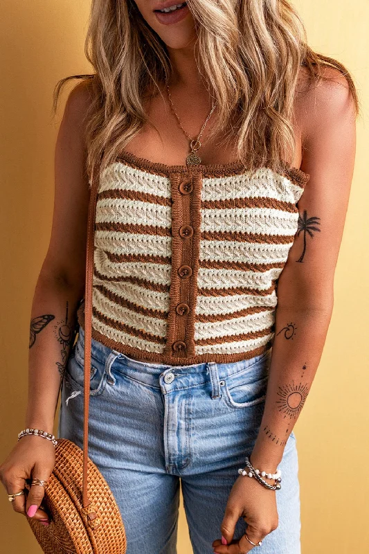 Sporty Elegance Decorative Button Striped Knit Cami