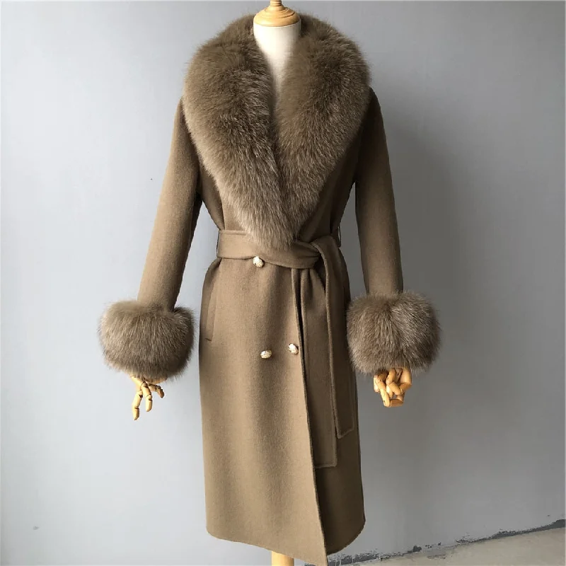 Sporty Elegance Women's Solid Color Winter Cashmere Wool Natural Fur Collar Long Jacket