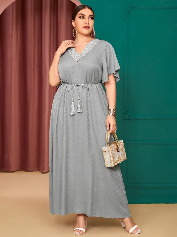Versatile Comfort Elegant Plain Ruffle Short Sleeve V Neck Flared High Waist Maxi Plus Size Dress Versatile Comfort Elegant Plain Ruffle Short Sleeve V Neck Flared High Waist Maxi Plus Size Dress