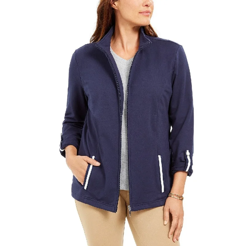 Cozy Shirts Karen Scott Women's Sport French Terry Ribbon-Trim Jacket Navy Size Large - L Cozy Shirts Karen Scott Women's Sport French Terry Ribbon-Trim Jacket Navy Size Large - L