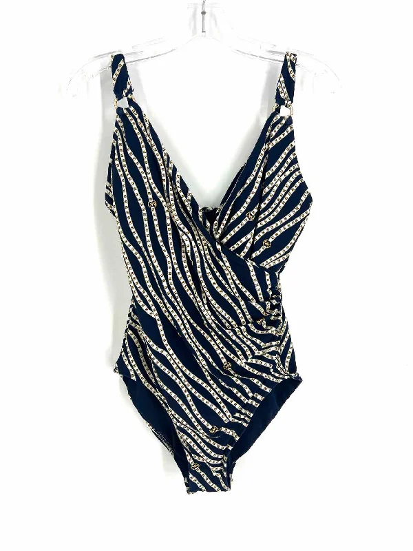 Classic Color Michael Michael Kors Size 12 Navy/Cream Print Swimwear Swimsuit