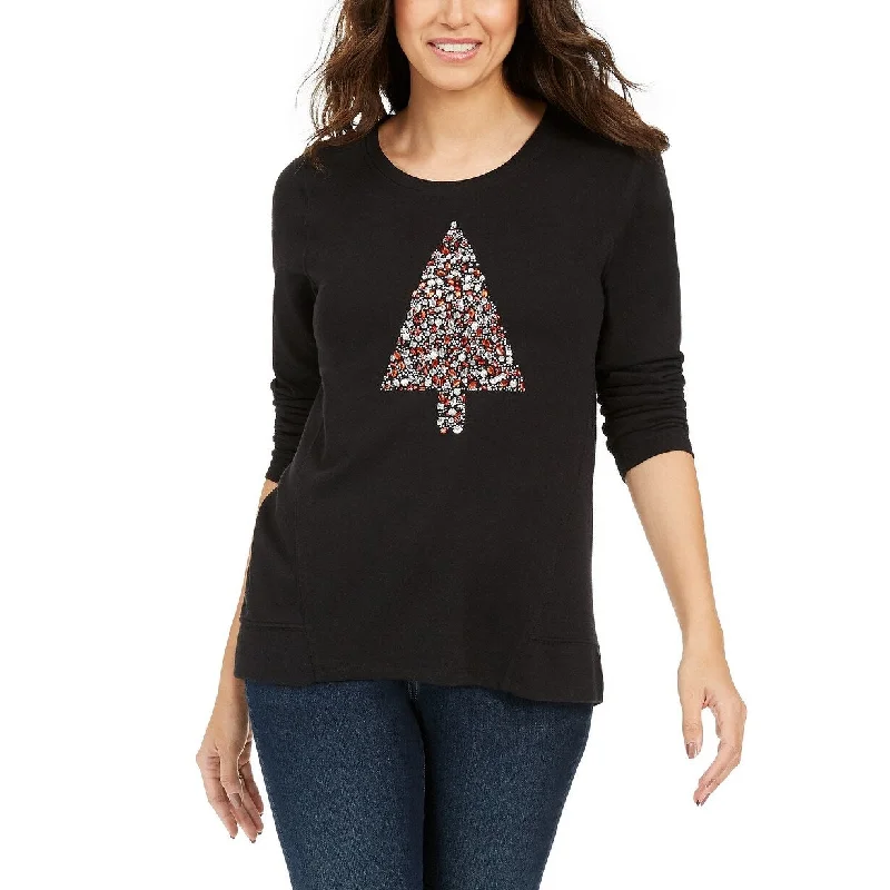 Classic Retro Style & Co Women's Embellished Tree Sweatshirt Black Size Small