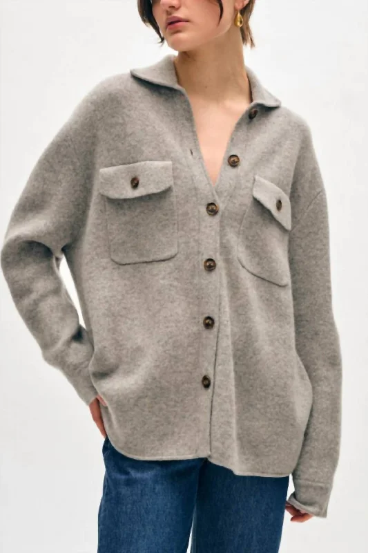College Style Cashmere Luxe Button Down Shacket In Grey Heather