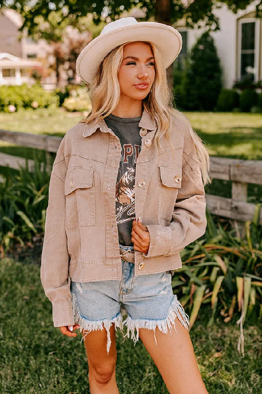 Fashionable Ease Fact Or Fiction Denim Jacket In Warm Taupe