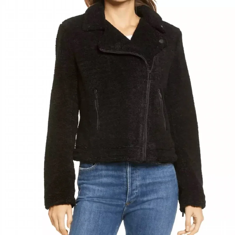 Celebrity Style Faux Fur Shearling Moto Jacket In Black