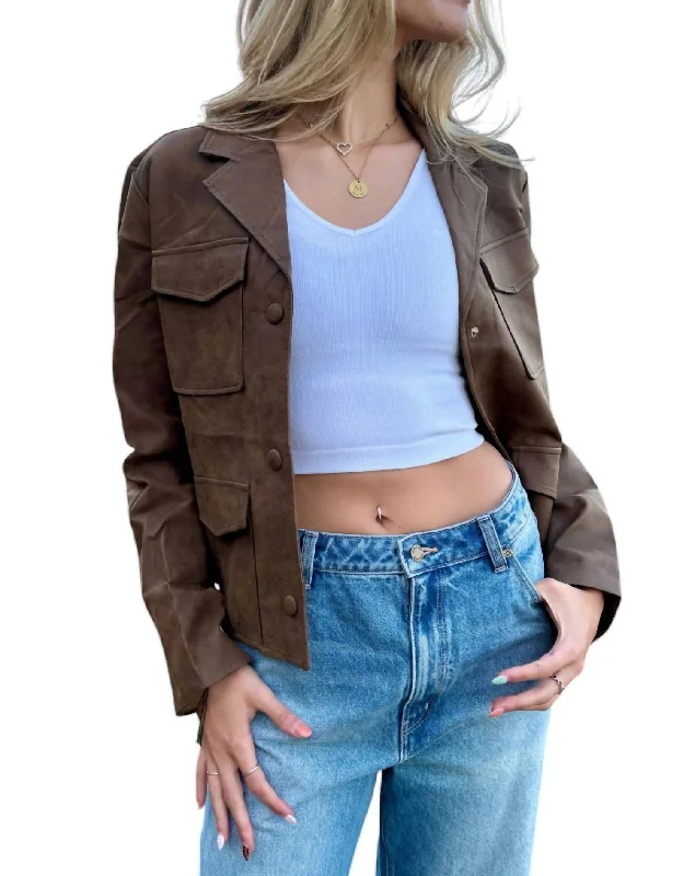 Warm Comfort Faux Leather Collar Neck Pocket Jacket In Brown