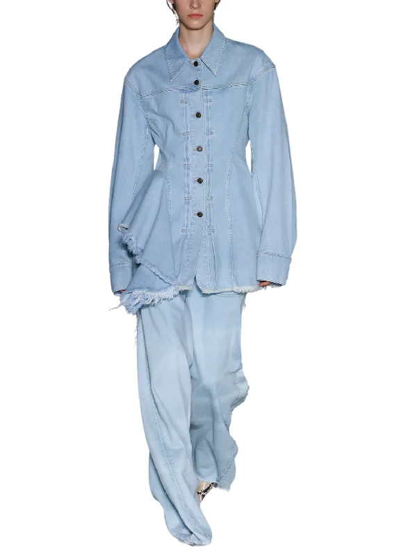 Floral Prints Fitted Denim Jacket With Asymmetrical Flounce