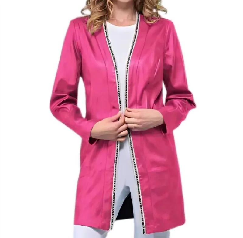 Relaxed Fashion Long Vegan Leather Jacket In Magenta