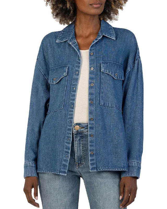 Romantic Data Louella Cotton Denim Button Down Shirt In Medium Wash