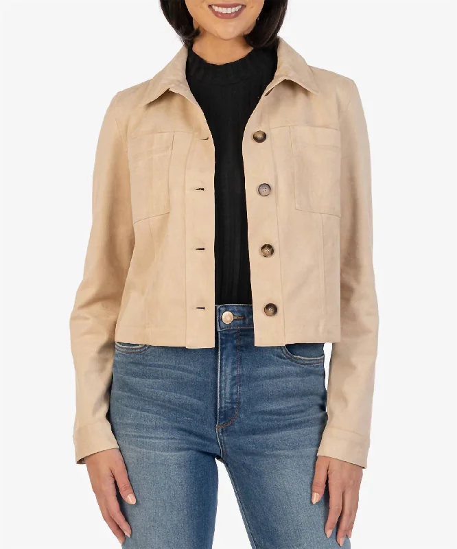 Versatile Items Matilda Faux Suede Crop Trucker Jacket In Taupe
