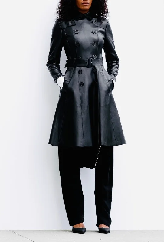 Casual And Versatile Matrix Black Leather Double-Breasted Coat