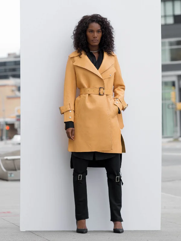 Classic Style Matrix Yellow Leather Trench Coat With Pocket