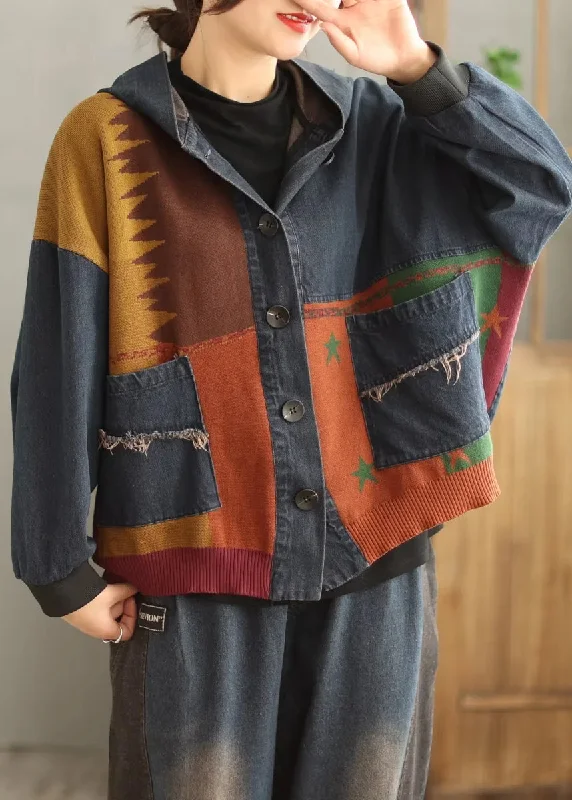 Minimal Style Plus Size Blue Hooded Pockets Patchwork Denim Coat Spring