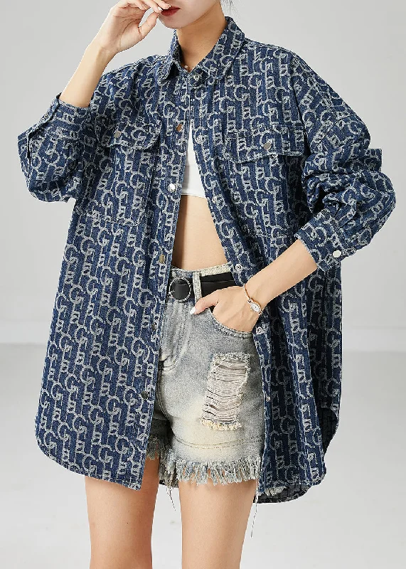 Relaxed Fits Plus Size Blue Oversized Print Denim Coat Outwear Fall