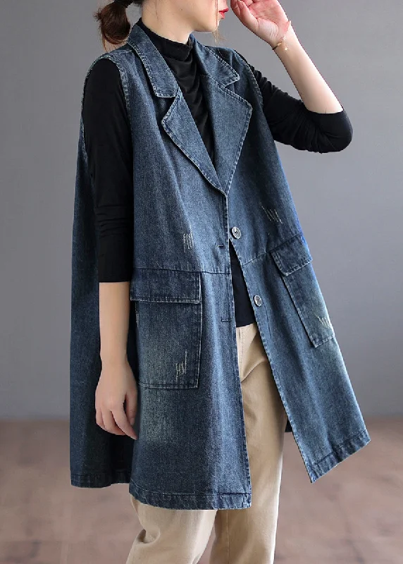 Street Fashion Plus Size Blue Peter Pan Collar Pockets Denim Waistcoat Long Sleeve