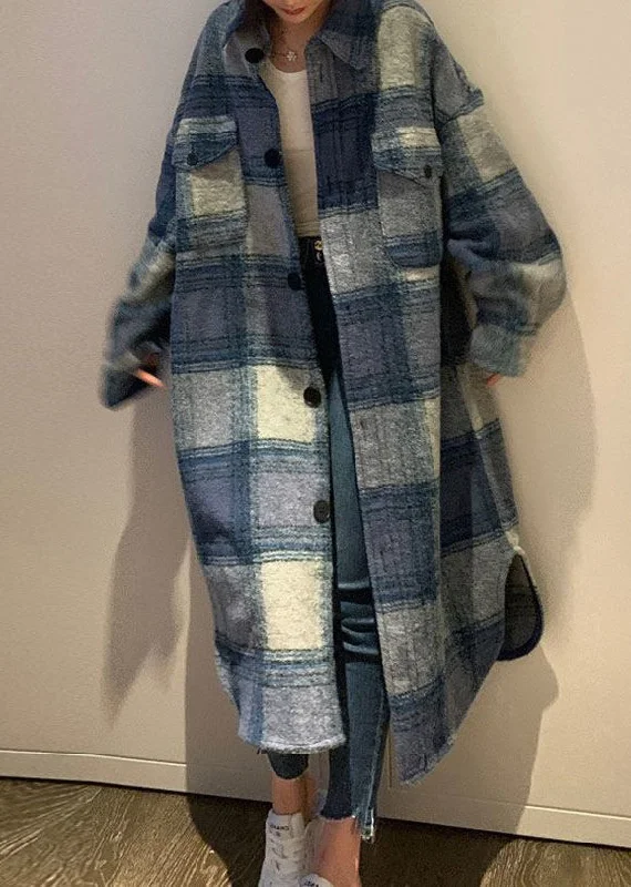 Cozy Apparel Plus Size Blue Peter Pan Collar Pockets Plaid Woolen Long Coats Fall