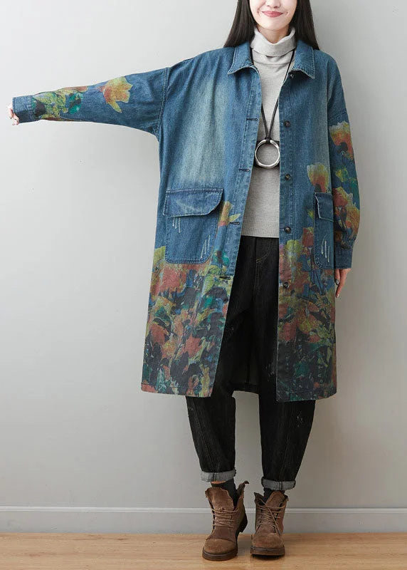 Personalized Wear Plus Size Blue Peter Pan Collar Pockets Print Cotton Denim Coats Spring